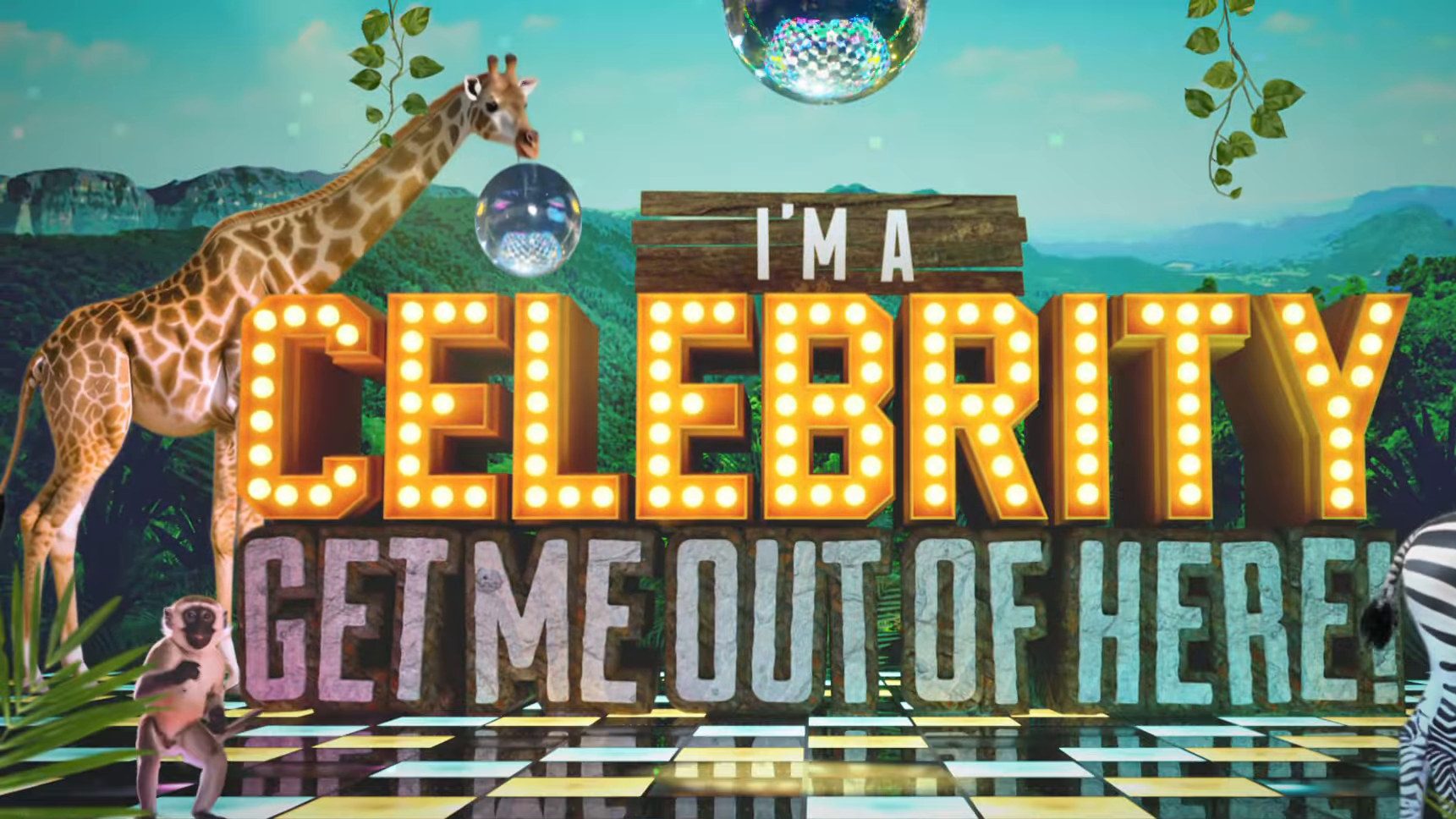 I&rsquo;m a Celebrity Get Me Out of Here Australia title over a disco floor with a giraffe, zebra and monkey