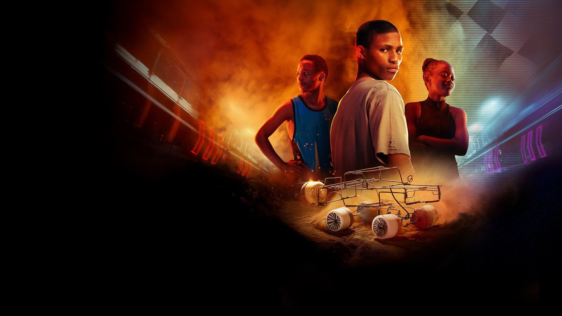 The Philipstown WireCar Grand Prix key art: three young racers behind a handmade wire car in orange dust
