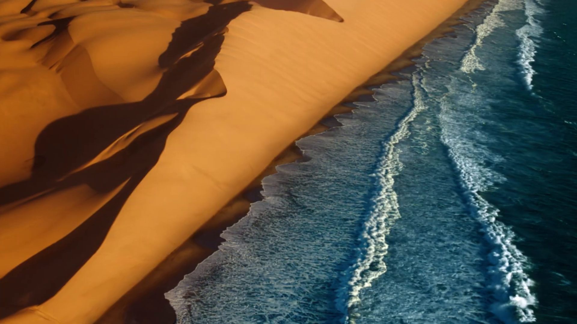 Aerial view of the Namib dunes meeting the Atlantic surf, a frame from the Tom Ford Oud Min&eacute;rale film
